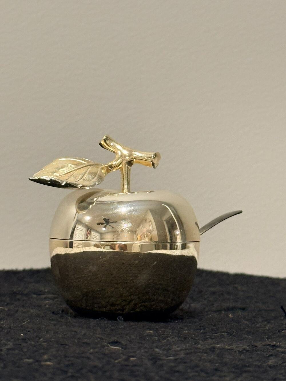 Vintage Apple Condiment Jar w Spoon Silver Gold Tone Sugar Jam Jelly Dish